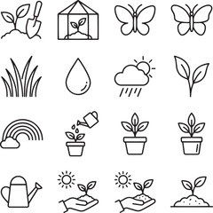 Fototapeta premium Set of gardening and nature line icons for spring planting and