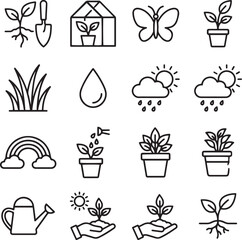 Fototapeta premium Set of gardening and nature line art icons for spring planting and