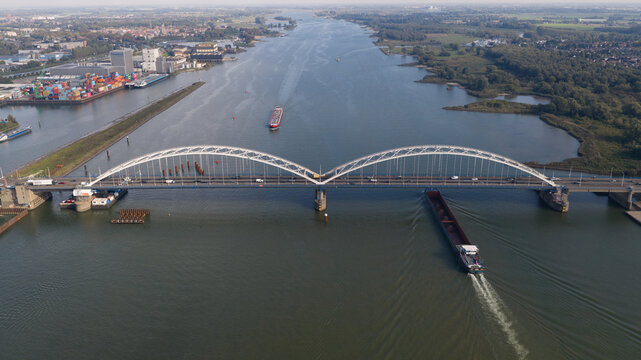 Aerial view of Merwede Bridge closed to heavy traffic in the Netherlands