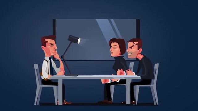 Police detective interrogating suspects in a dark room under bright lamp light video animation clip