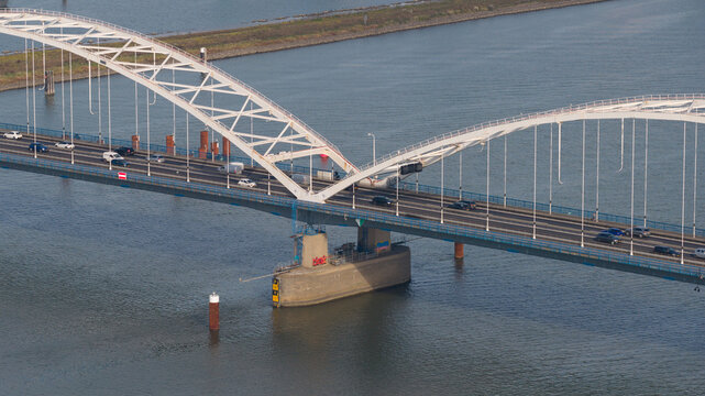 Aerial view of Merwede Bridge closed to heavy traffic in the Netherlands