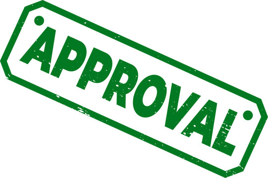 Green approval stamp with textured ink on a white background diagonally positioned texture official validated