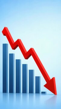 Red arrow showing sharp decline on blue bar chart representing business loss and financial decrease