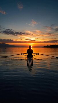 Rowing athlete on calm lake during beautiful sunset with vibrant sky and peaceful water reflection