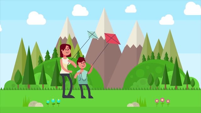 Mother and child flying colorful kites in mountain landscape animation video clip