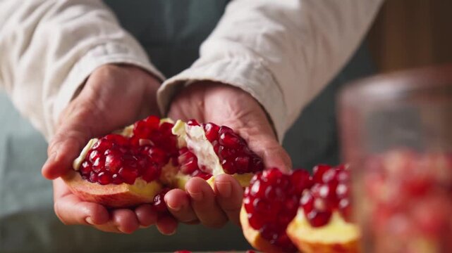 Breaking open a fresh pomegranate to reveal juicy red seeds