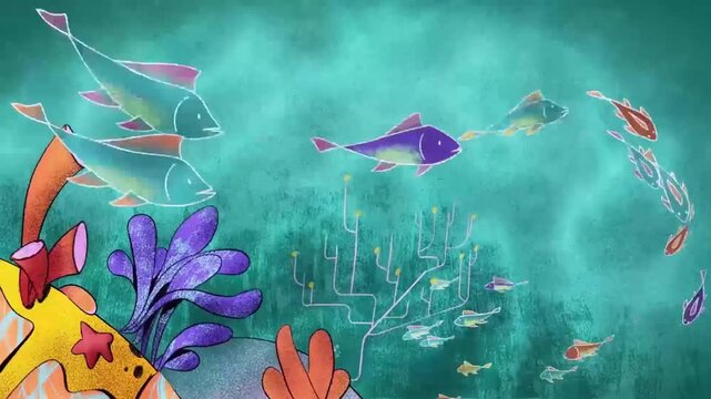 Colorful underwater animation featuring schools of stylized fishes swimming peacefully near vibrant coral reefs in deep blue ocean video footage