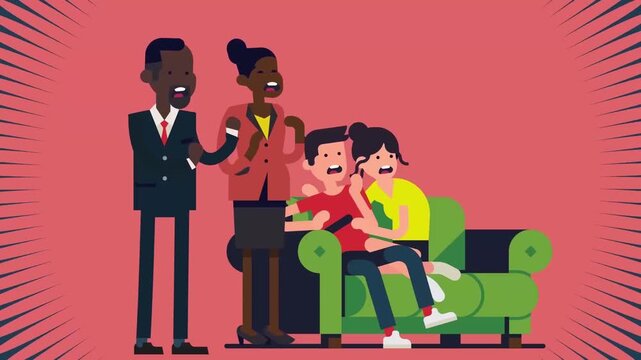 Frustrated parents yelling at scared teenagers sitting on couch in colorful animated vector motion graphic video clip