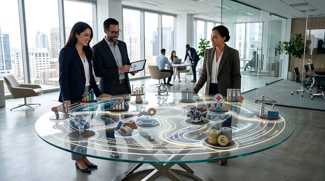 Three individuals stand around a transparent table displaying glowing business symbols  in a bright open plan office with large overlooking a cityscape