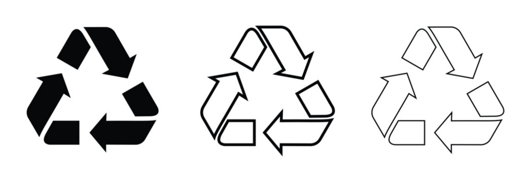 Three variations of the universal recycling symbol in black and white styles