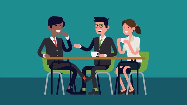 Diverse business team having a meeting and drinking coffee together in vector animation footage