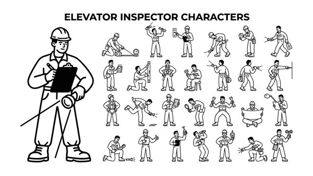 Elevator Inspector Characters: A collection of line art illustrations depicting various poses and actions of an elevator inspector, highlighting different tasks and scenarios.