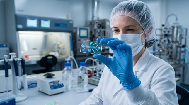 A person wearing a hairnet  face mask  and blue gloves holds a transparent plate with glowing blue patterns in a modern laboratory setting