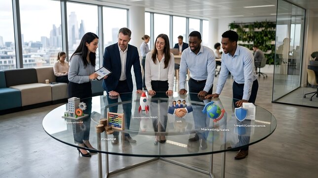 Five individuals in business attire stand around a glass table displaying miniature models representing various departments like finance  HR  and marketing  with a city skyline visible through large