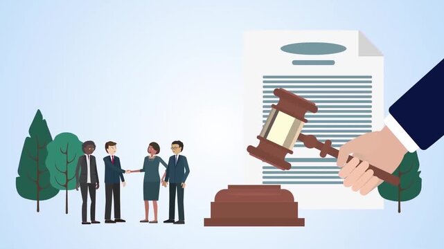 Business partners shaking hands while legal gavel strikes near contract document in animated corporate video footage