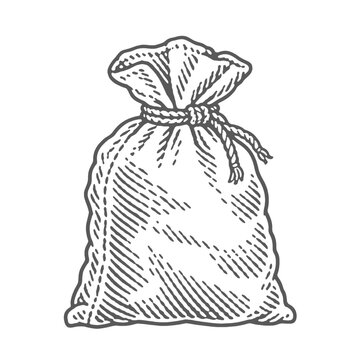 Vintage engraving of a tied sack with rope, representing harvest or bounty