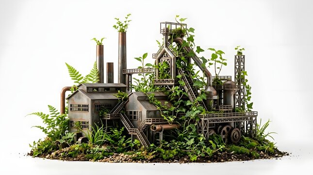 A detailed model of an abandoned factory structure overtaken by greenery  featuring pipes  staircases  and foliage emerging from metal frameworks