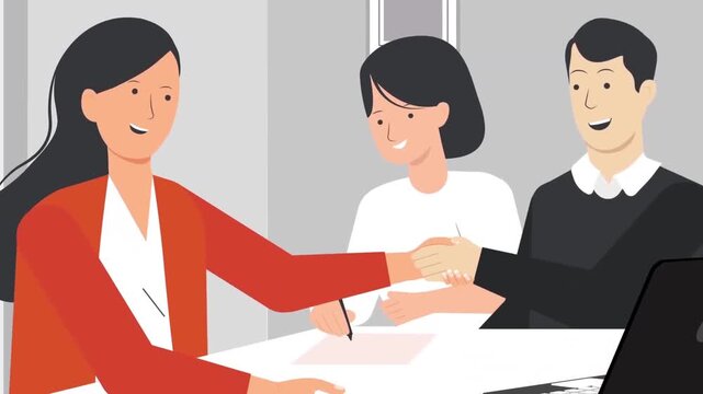 Business professionals shaking hands after signing contract in office corporate video clip animation