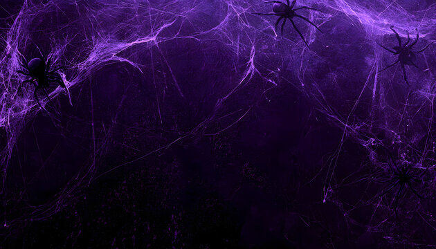 Spooky Halloween backdrop featuring spiderwebs and spiders on a dark purple textured wall