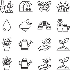Fototapeta premium Gardening and nature line art icons set for spring planting and