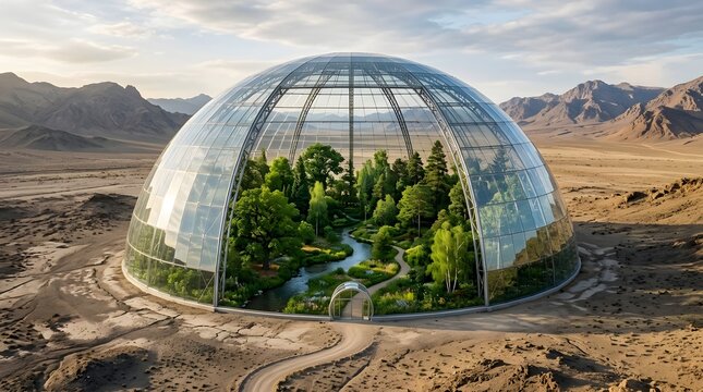 A transparent geodesic dome contains a vibrant forest with trees  grass  and a meandering river  contrasting sharply with the dry  cracked earth and distant mountains surrounding it