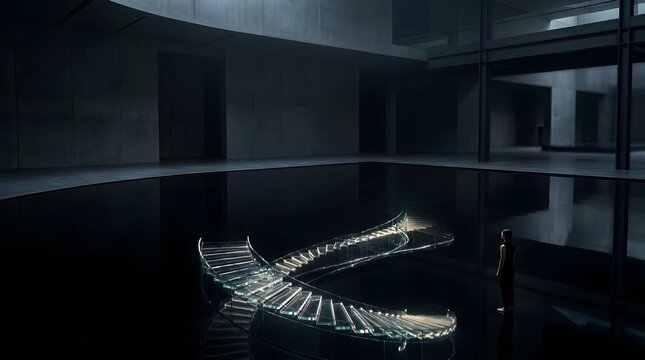 A person observes a luminous  curved staircase suspended over a reflective pool in a minimalist  concrete walled interior space