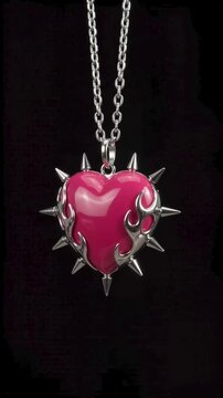 3D Metallic Spiked Cyberpunk Chrome Heart Pendant Necklace Spinning on Black Background   