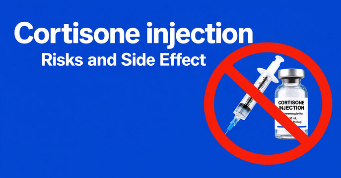Medical warning graphic showing cortisone injection risks and side effects