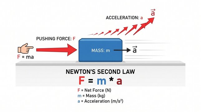 Vector illustration demonstrating the relationship between force, mass, and acceleration in physics principles