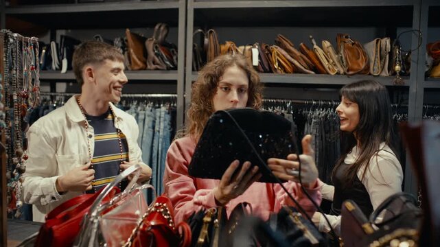 Group of young cheerful friends enjoying shopping together, browsing through bags and trying on accessories in vintage thrift shop