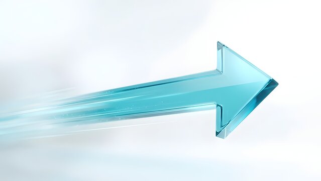 Translucent cyan glass arrow moving right with light blur trails on a clean white background motion blur direction sig