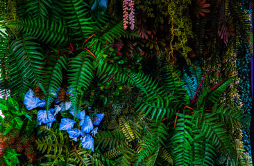 Lush tropical green leaves background, dark moody foliage texture pattern top view © Rangsarit