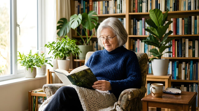 An elderly woman wearing a blue sweater and glasses is seated in a patterned armchair  reading a book titled  The Hidden Life of Trees