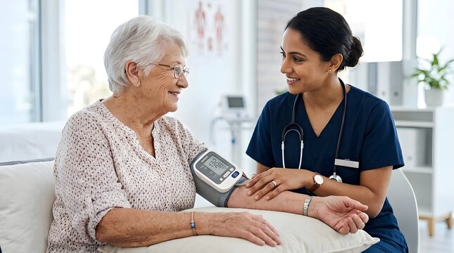 A healthcare worker is measuring the blood pressure of an elderly woman using a digital device while seated on a couch in a clean  well lit room with a plant and medical equipment in the background