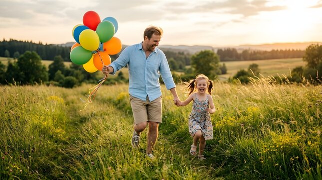 A man and a young girl run hand in hand across a grassy field dotted with wildflowers  the man holding a cluster of vibrant balloons as golden sunlight bathes the scene