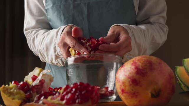Removing Fresh Pomegranate Arils from the Peel by Hand into a Glass Bowl