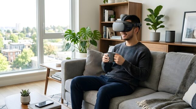 A man wearing a virtual reality headset sits comfortably on a gray couch  holding a dark mug  with a view of a city and trees visible through a large window behind him