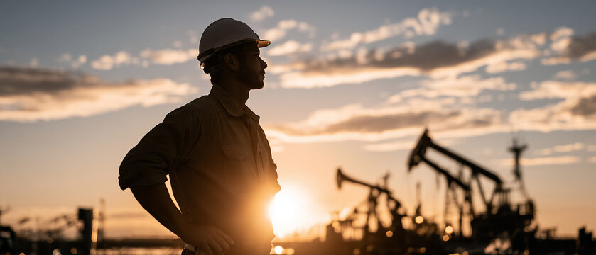 Industrial Dawn: A lone oil worker, silhouetted against the golden sunrise and dramatic clouds, stands on an industrial site with pump jacks in the background.