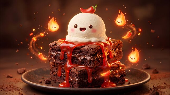 Cute Spicy Chocolate Brownie with Vanilla Ice Cream Scoop and Fire Emotes
