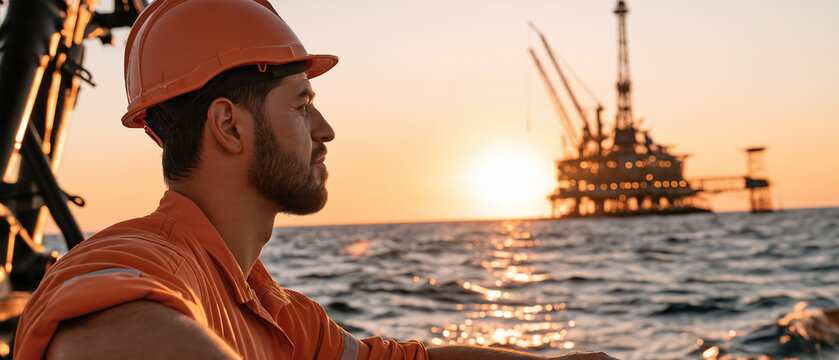 Offshore Worker's Gaze: A focused oil rig worker in an orange hard hat and uniform gazes out at the sea towards a majestic offshore oil platform during a serene sunset.