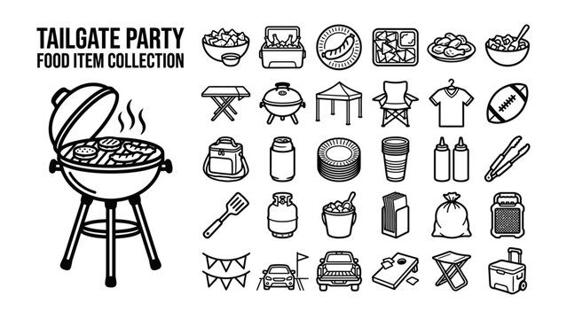 Tailgate Party Food Collection: A comprehensive collection of illustrated food and equipment items associated with a tailgate party, including a grill, cooler, food bowls, chairs, and a football.