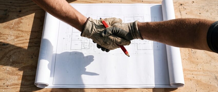 Two builders wearing heavy duty work gloves shaking hands over an architectural house blueprint layout on a wooden workbench