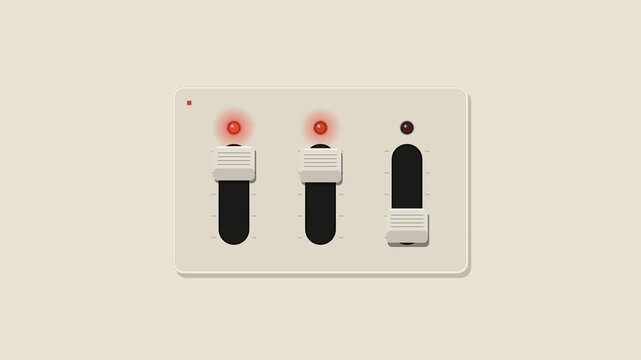 Minimalist animation of slider switches activating sequentially with glowing red indicator lights