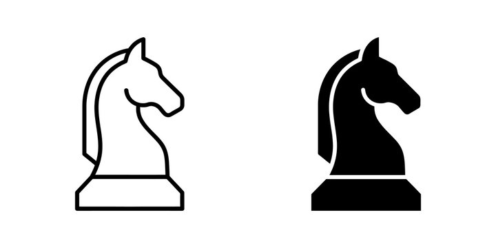 Black line and solid chess knight icons isolated on transparent grid.