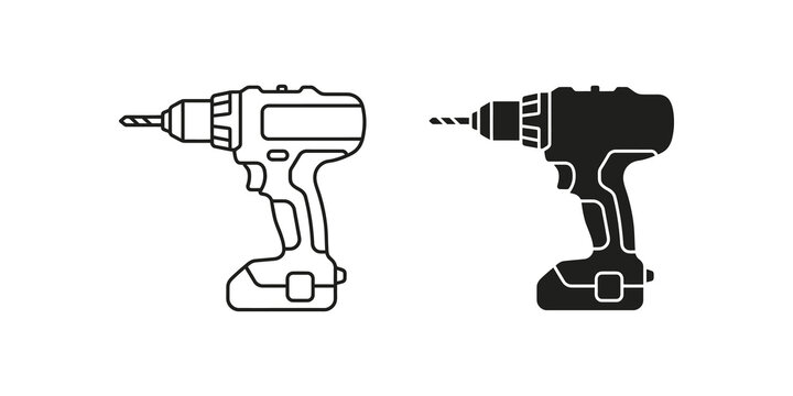 Black cordless power drill icon vector tool set isolated on transparent.