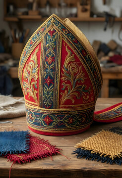 Religious tradition and ecclesiastical heritage, ornate bishop mitre with intricate gold embroidery on red fabric in a traditional artisan workshop