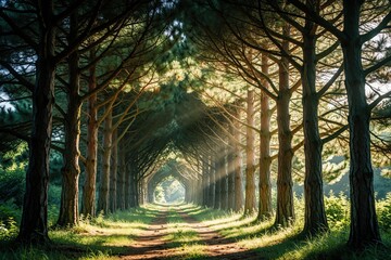 Fototapeta premium Sunlight filters through pine tree tunnel forming natural arch corridor. Green forest pathway with tall trees creates scenic landscape. Peaceful summer day in woods with dappled light, shadows on