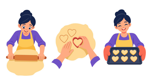 Woman baking heart cookies illustration