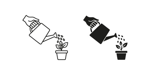 Gardening icons showing watering can with water droplets and small plant. © Ahmadhassan