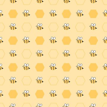 small cartoon bees and honeycomb hexagons on a soft yellow background